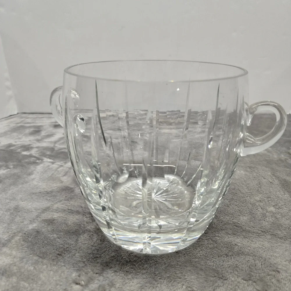 Vintage Cut Crystal Ice Bucket with Handles Clear Glass Barware Starburst Base